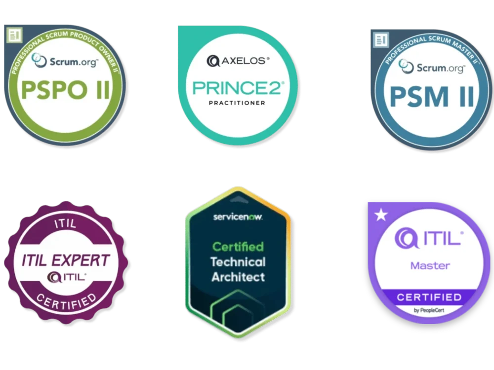 Zertifikate: PSPO II, PRINCE2 Practitioner, PSM II, ITIL Expert, ServiceNow Certified Technical Architect und ITIL 4 Master